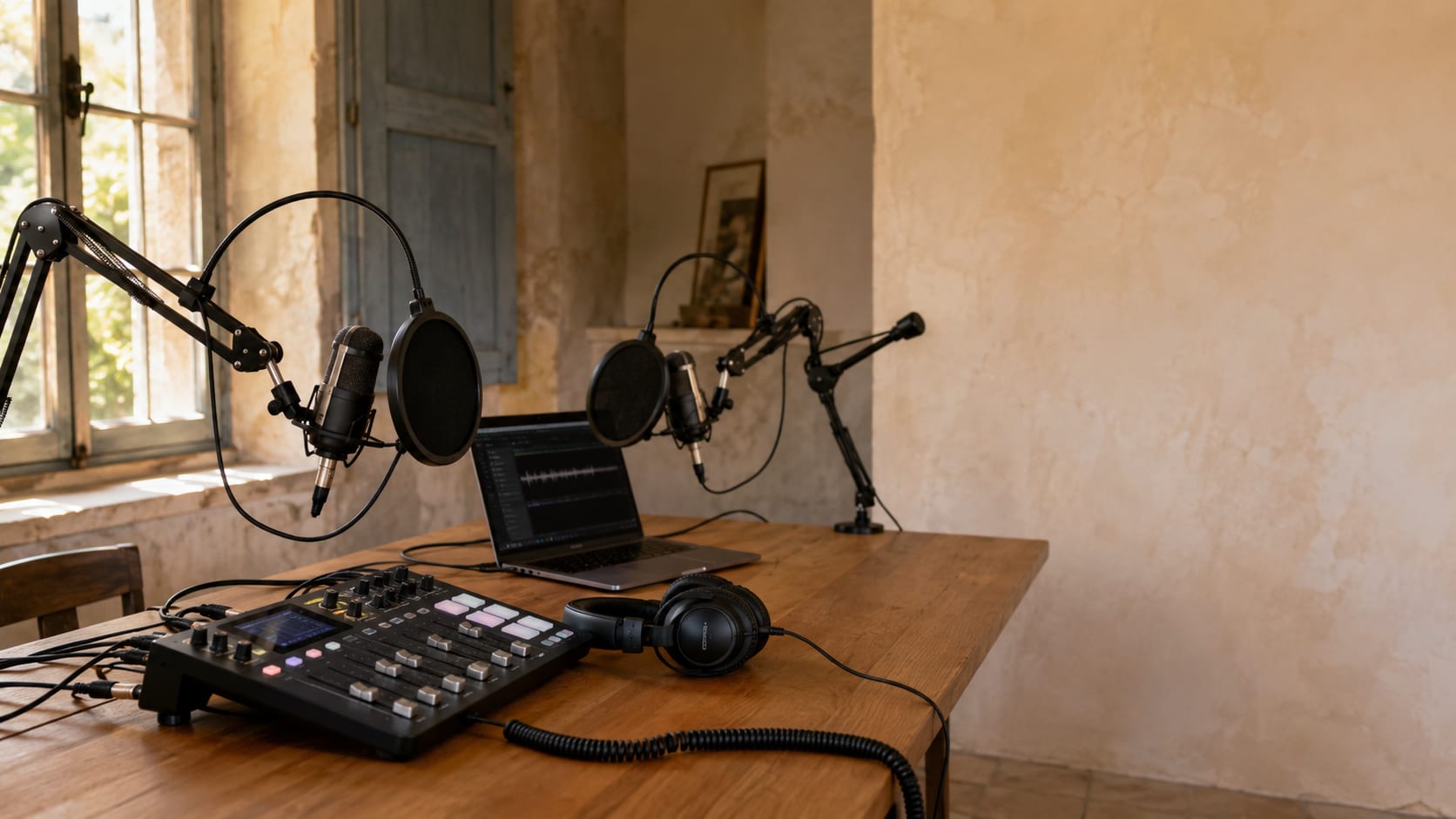 Sunlit podcast studio with microphones, headphones, a laptop, and an audio mixer on a wooden table.